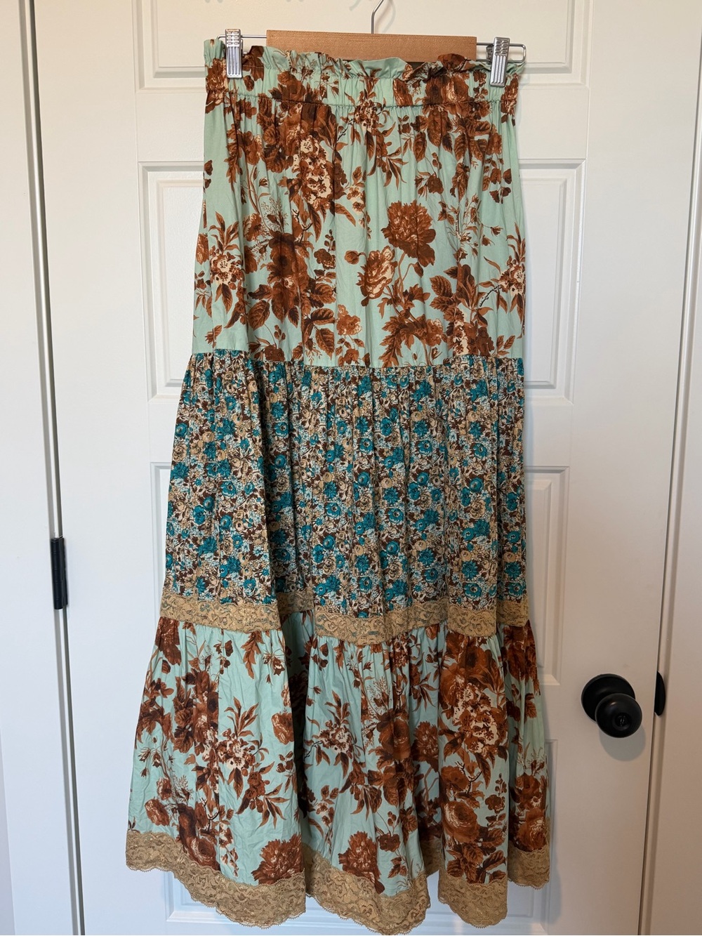 Tuckernuck Mint and Brown Floral Tiered Maxi Skirt